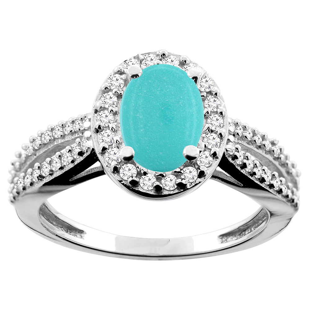 14K White/Yellow/Rose Gold Natural Turquoise Ring Oval 8x6mm Diamond Accent, sizes 5 - 10