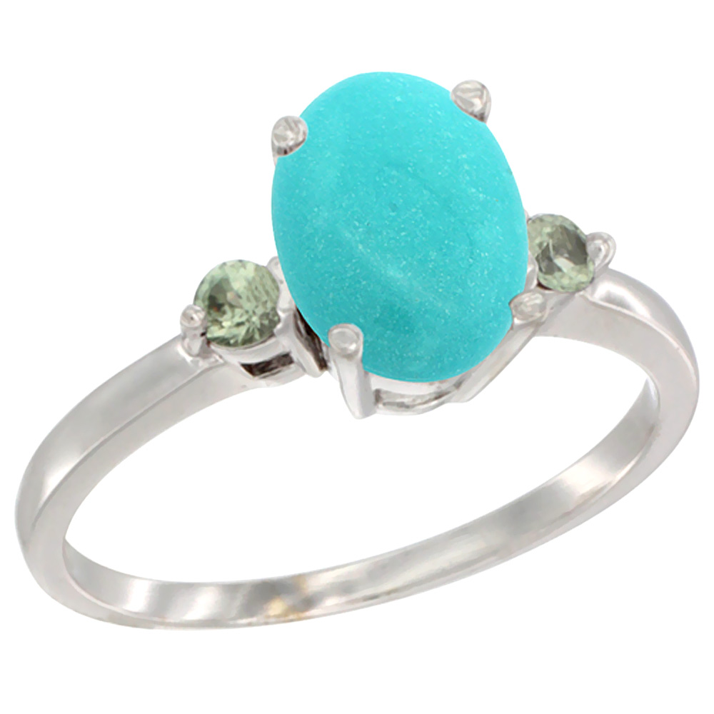 14K White Gold Natural Turquoise Ring Oval 9x7 mm Green Sapphire Accent, sizes 5 to 10