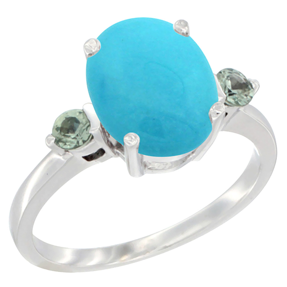 14K White Gold 10x8mm Oval Natural Turquoise Ring for Women Green Sapphire Side-stones sizes 5 - 10