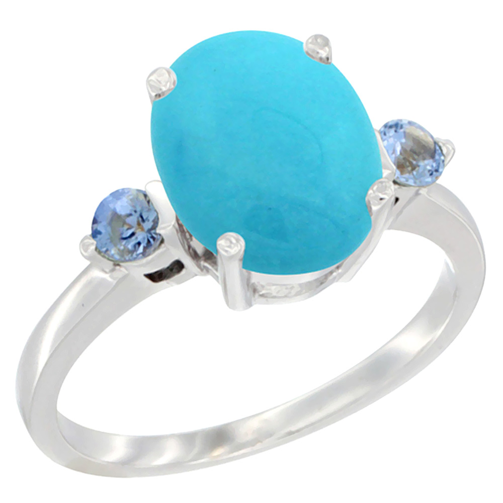 14K White Gold 10x8mm Oval Natural Turquoise Ring for Women Light Blue Sapphire Side-stones sizes 5 - 10