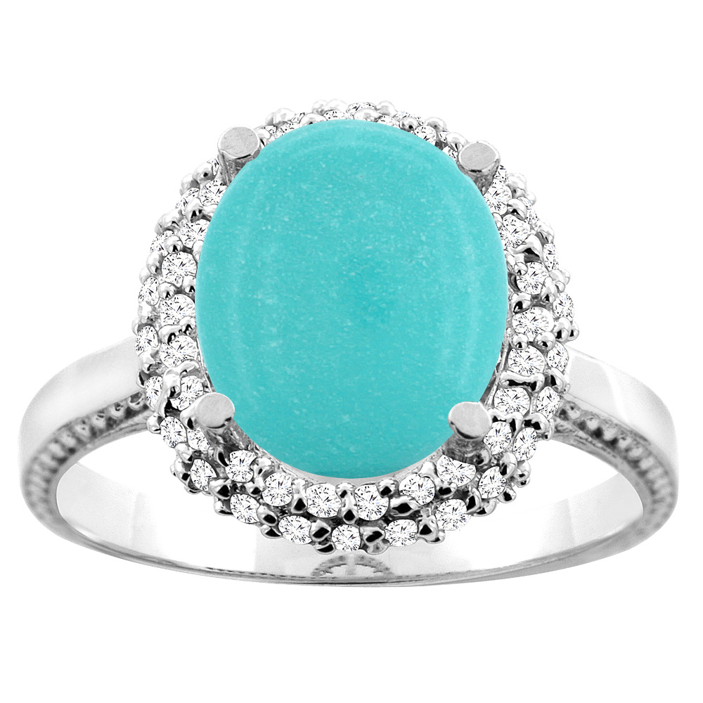 10K White/Yellow Gold Natural Turquoise Double Halo Ring Oval 10x8mm Diamond Accent, sizes 5 - 10