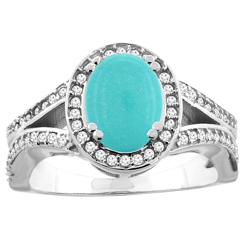 10K White/Yellow Gold Natural Turquoise Split Ring Oval 8x6mm Diamond Accent, sizes 5 - 10