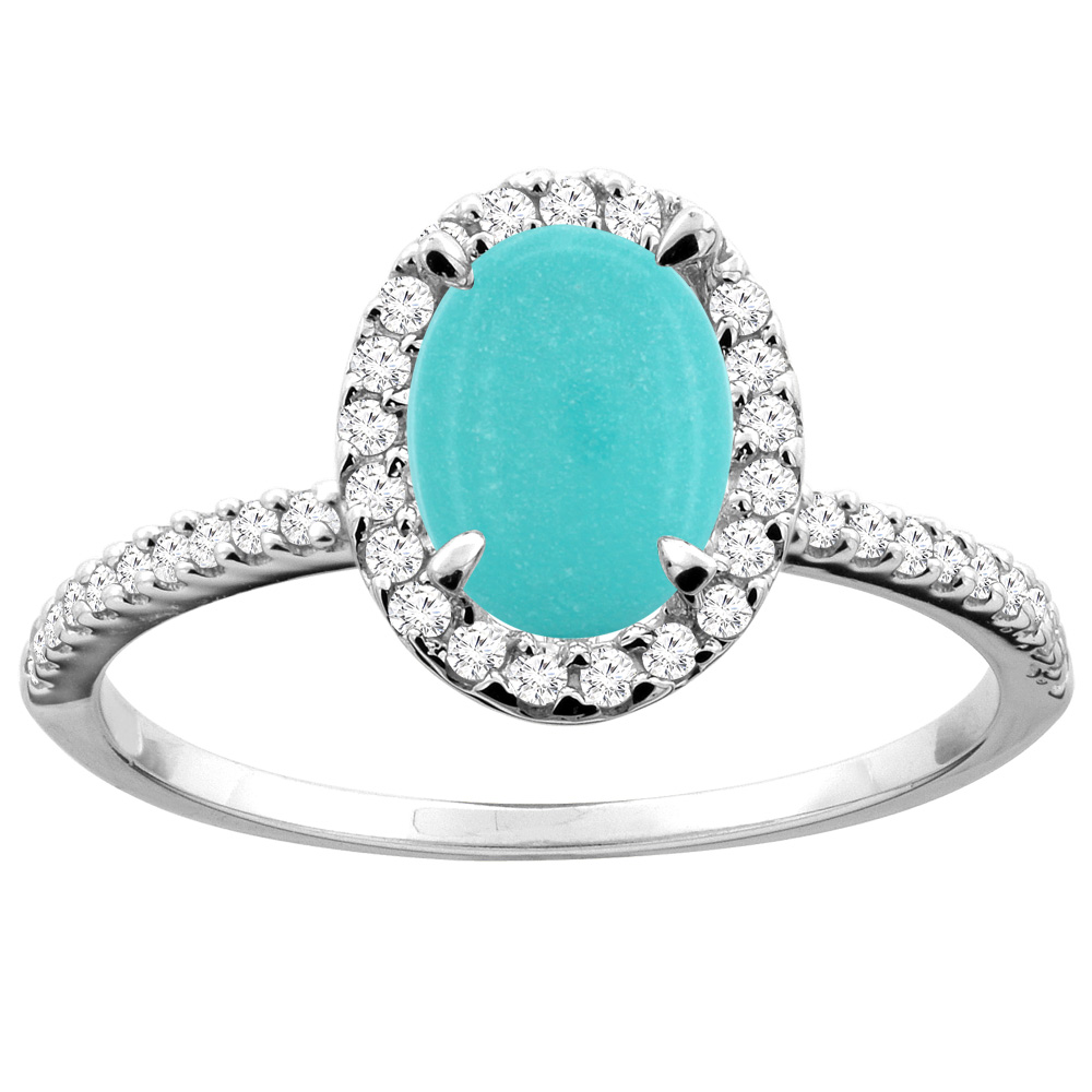10K White/Yellow Gold Natural Turquoise Ring Oval 8x6mm Diamond Accent, sizes 5 - 10