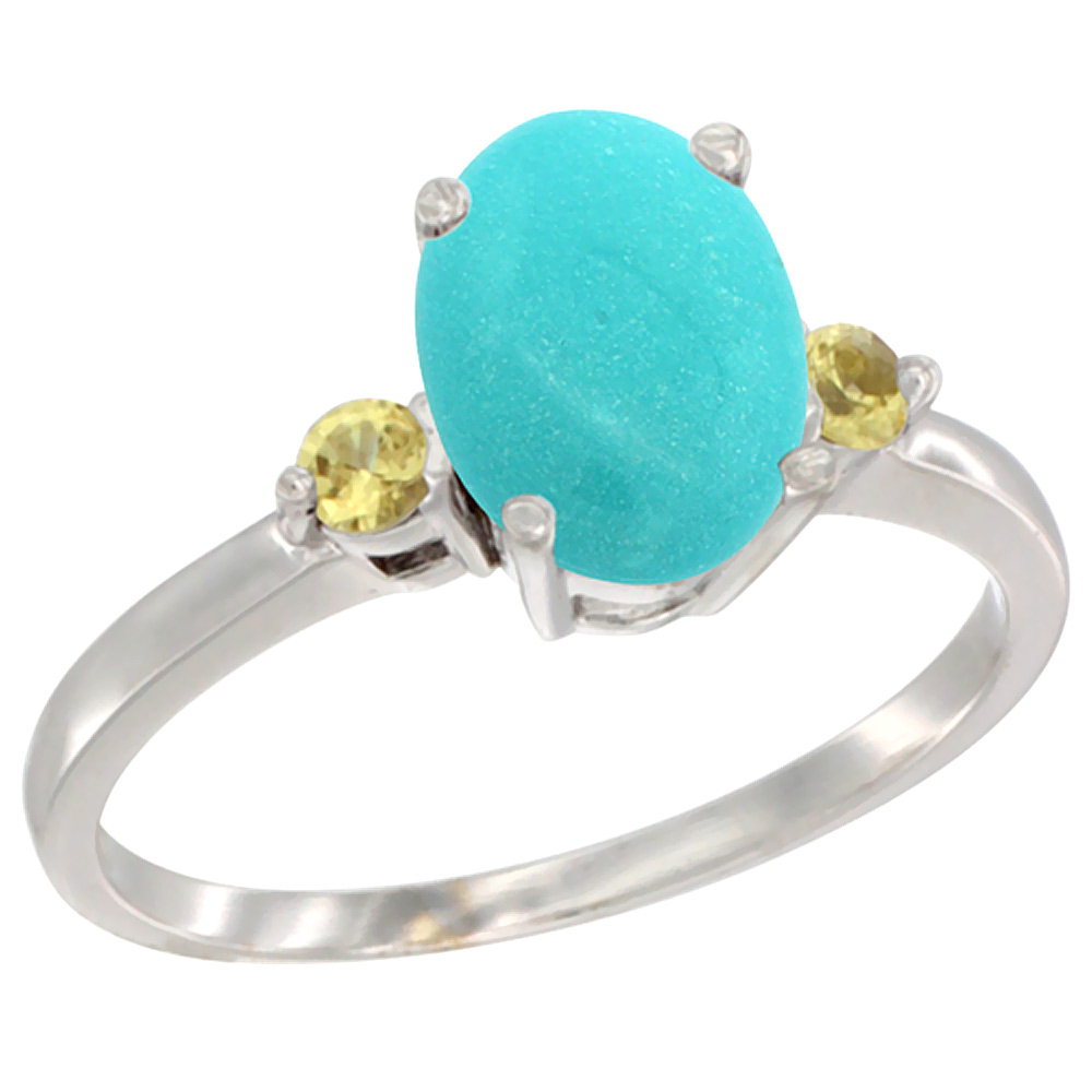 14K White Gold Natural Turquoise Ring Oval 9x7 mm Yellow Sapphire Accent, sizes 5 to 10