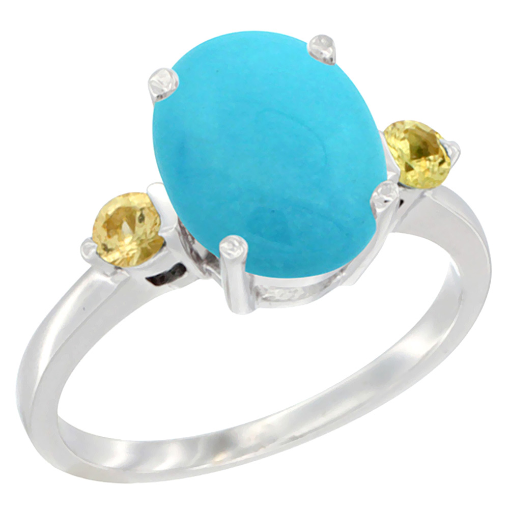 14K White Gold 10x8mm Oval Natural Turquoise Ring for Women Yellow Sapphire Side-stones sizes 5 - 10