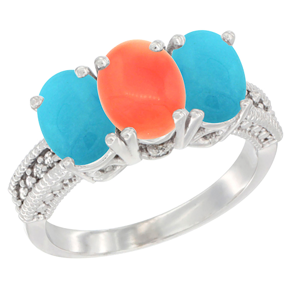 14K White Gold Natural Coral & Turquoise Sides Ring 3-Stone 7x5 mm Oval Diamond Accent, sizes 5 - 10