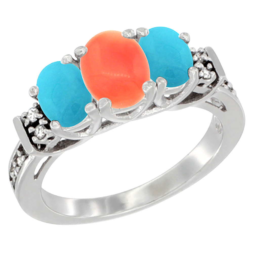14K White Gold Natural Coral &amp; Turquoise Ring 3-Stone Oval Diamond Accent, sizes 5-10