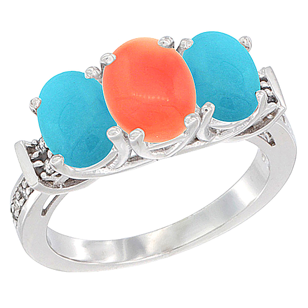 10K White Gold Natural Coral &amp; Turquoise Sides Ring 3-Stone Oval Diamond Accent, sizes 5 - 10