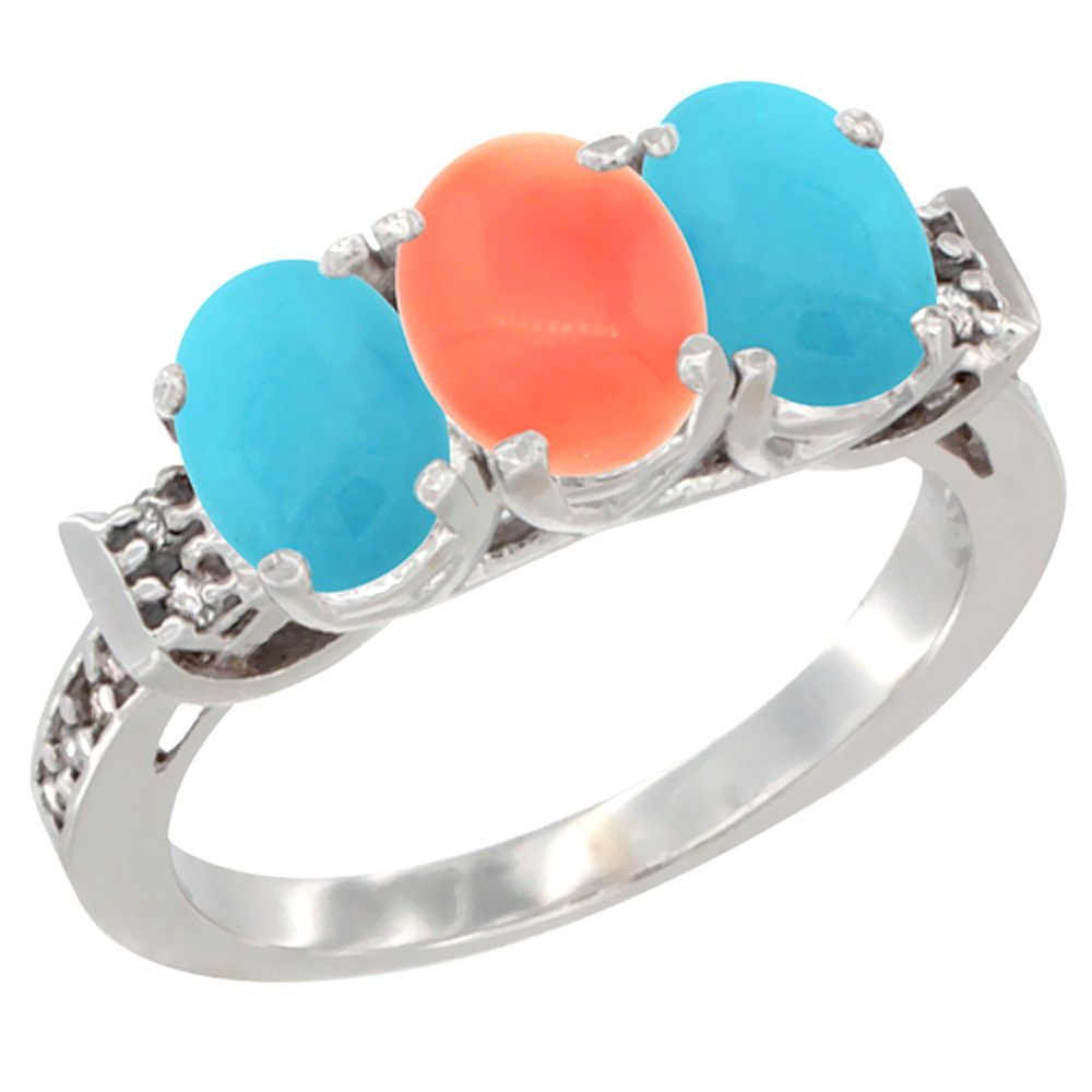 14K White Gold Natural Coral & Turquoise Sides Ring 3-Stone Oval 7x5 mm Diamond Accent, sizes 5 - 10