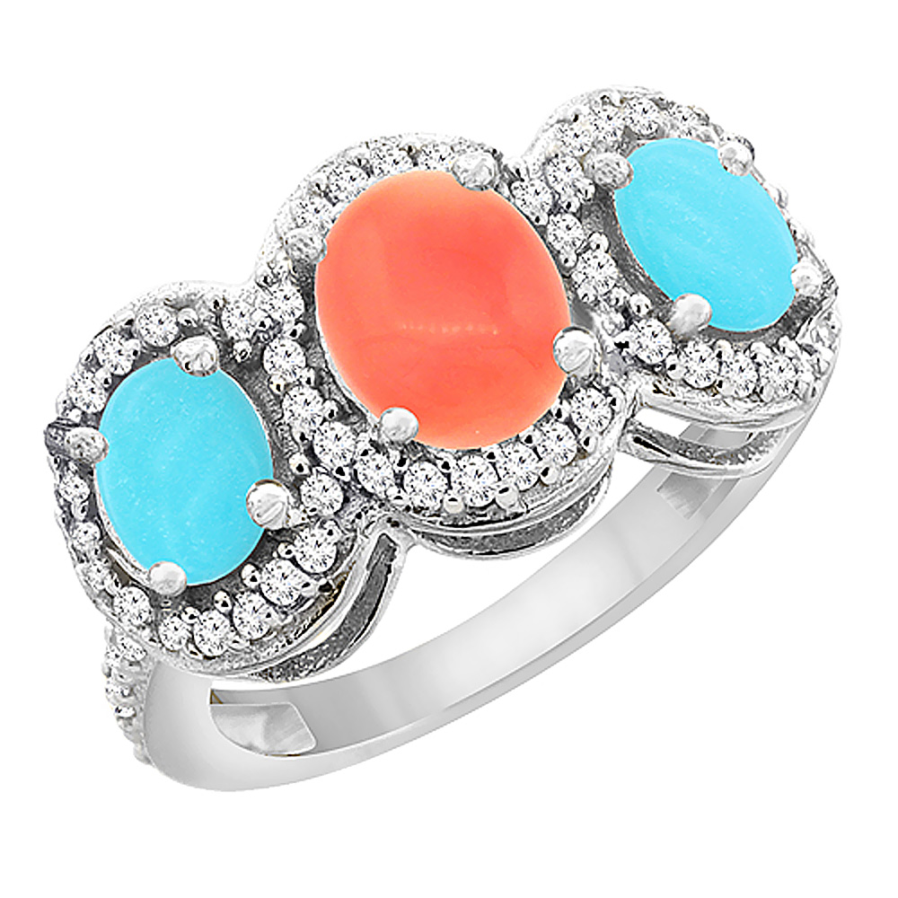 10K White Gold Natural Coral &amp; Turquoise 3-Stone Ring Oval Diamond Accent, sizes 5 - 10
