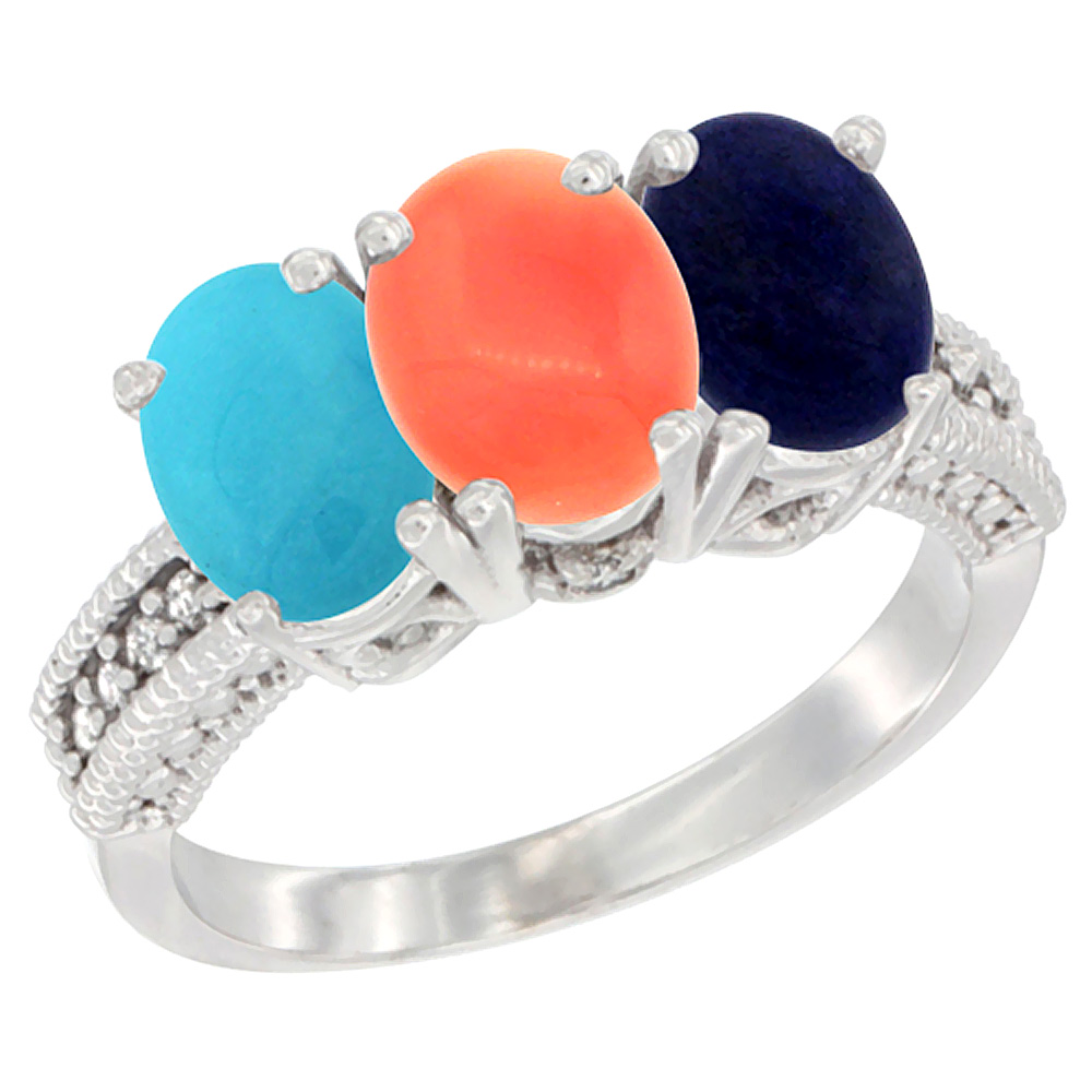 14K White Gold Natural Turquoise, Coral &amp; Lapis Ring 3-Stone 7x5 mm Oval Diamond Accent, sizes 5 - 10