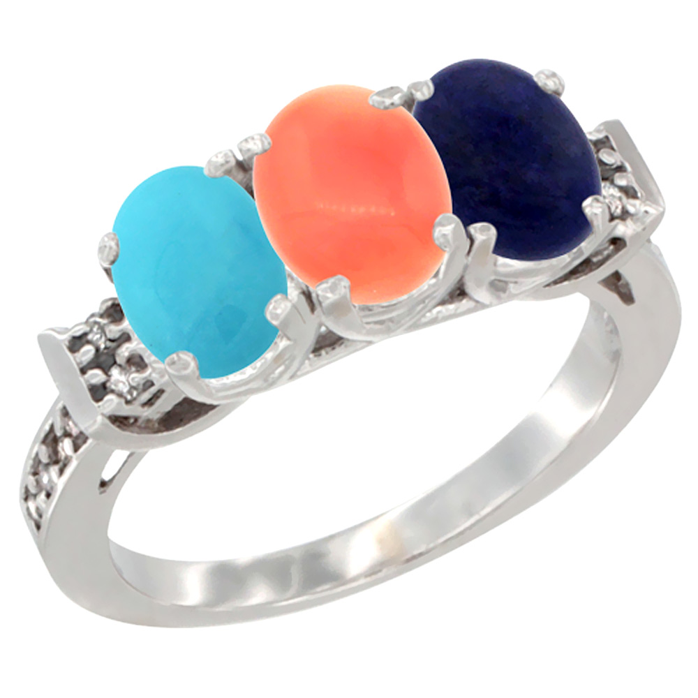 14K White Gold Natural Turquoise, Coral & Lapis Ring 3-Stone Oval 7x5 mm Diamond Accent, sizes 5 - 10
