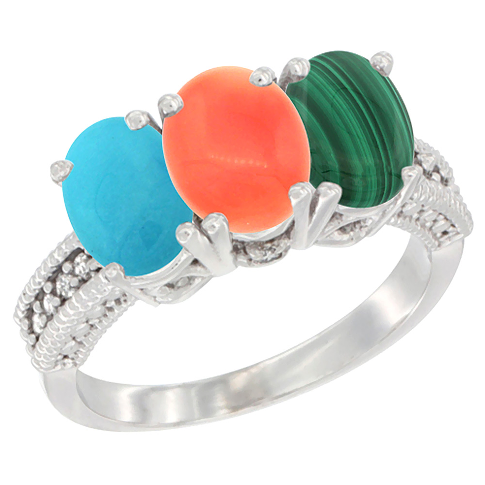 14K White Gold Natural Turquoise, Coral & Malachite Ring 3-Stone 7x5 mm Oval Diamond Accent, sizes 5 - 10