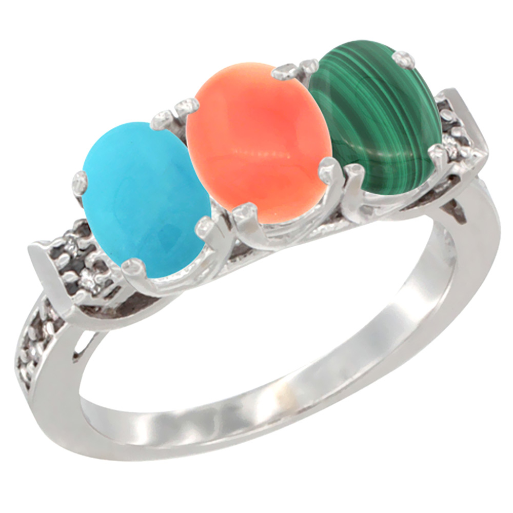 14K White Gold Natural Turquoise, Coral & Malachite Ring 3-Stone Oval 7x5 mm Diamond Accent, sizes 5 - 10