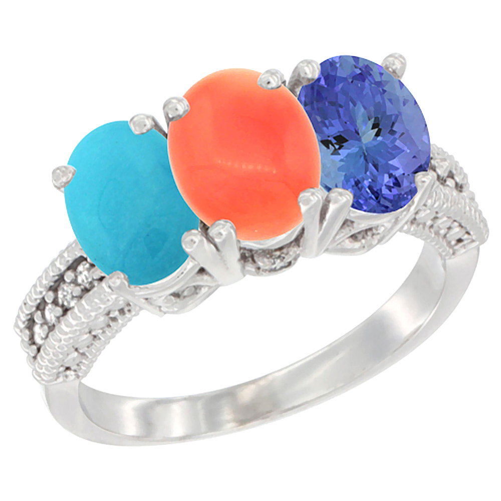 14K White Gold Natural Turquoise, Coral & Tanzanite Ring 3-Stone 7x5 mm Oval Diamond Accent, sizes 5 - 10