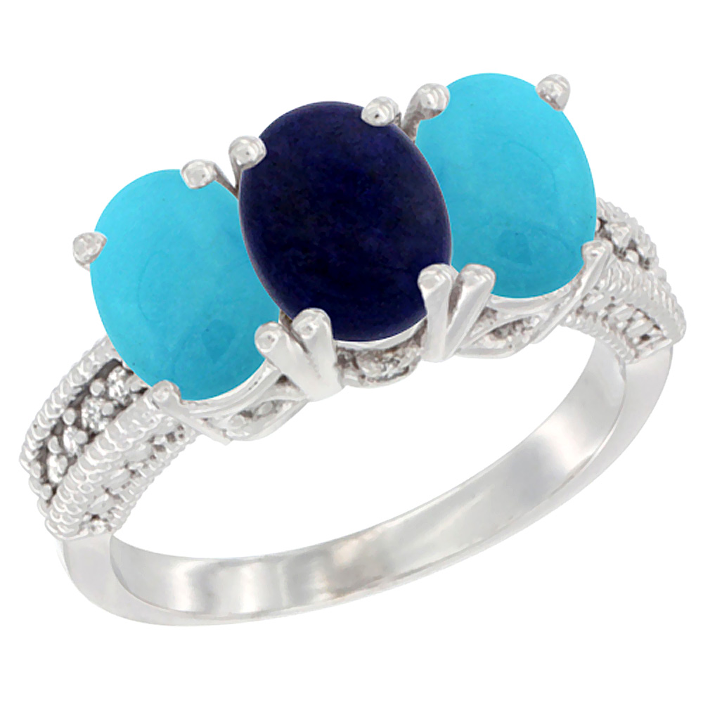 14K White Gold Natural Lapis &amp; Turquoise Sides Ring 3-Stone 7x5 mm Oval Diamond Accent, sizes 5 - 10