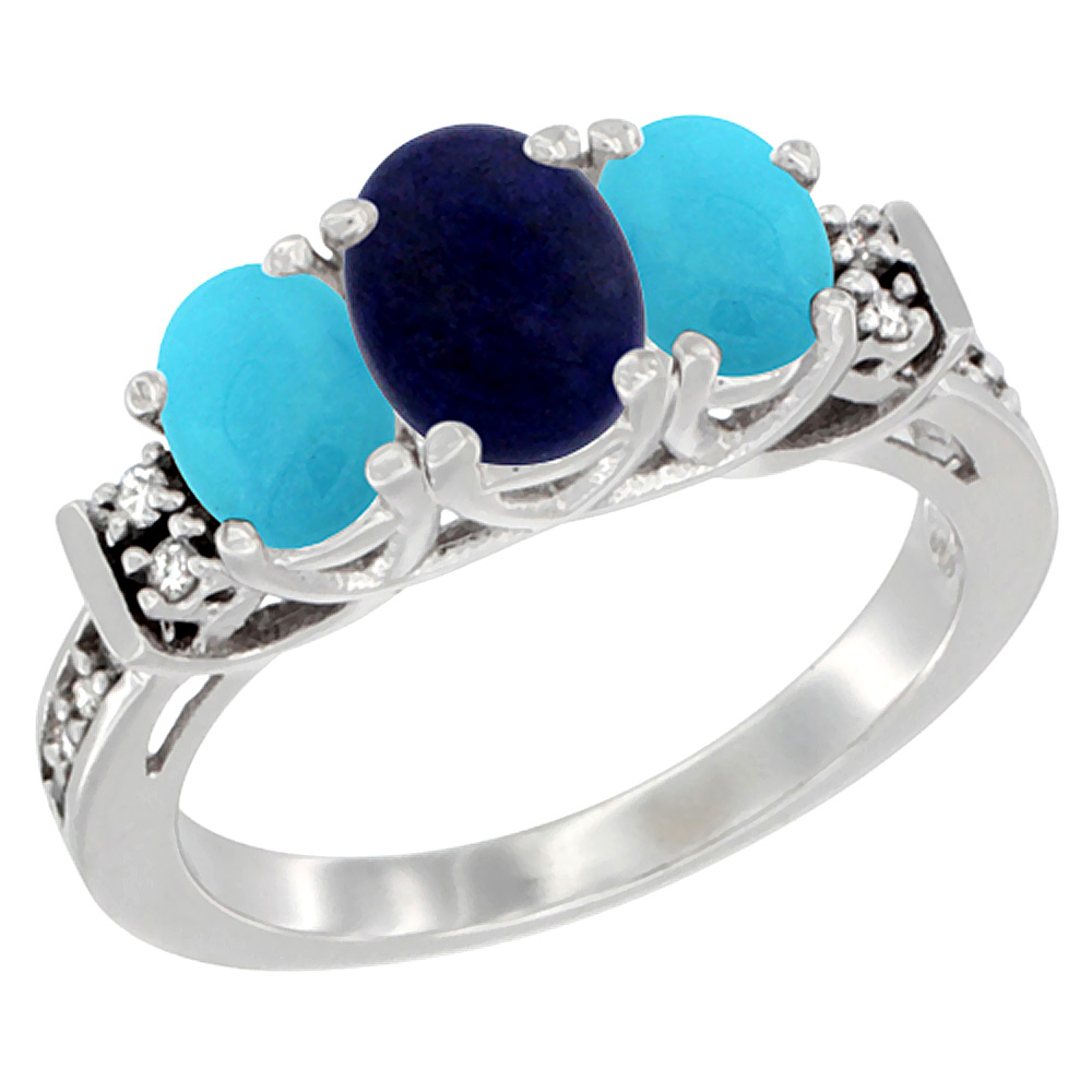 10K White Gold Natural Lapis &amp; Turquoise Ring 3-Stone Oval Diamond Accent, sizes 5-10