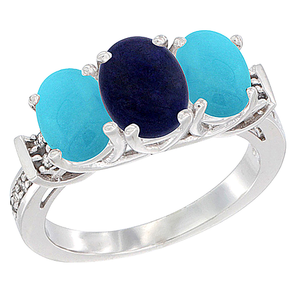 14K White Gold Natural Lapis &amp; Turquoise Sides Ring 3-Stone Oval Diamond Accent, sizes 5 - 10