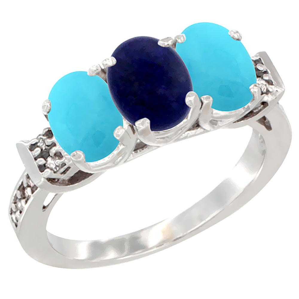 14K White Gold Natural Lapis &amp; Turquoise Sides Ring 3-Stone Oval 7x5 mm Diamond Accent, sizes 5 - 10