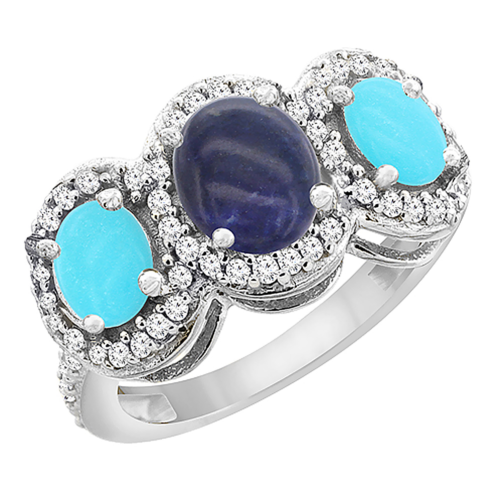14K White Gold Natural Lapis &amp; Turquoise 3-Stone Ring Oval Diamond Accent, sizes 5 - 10