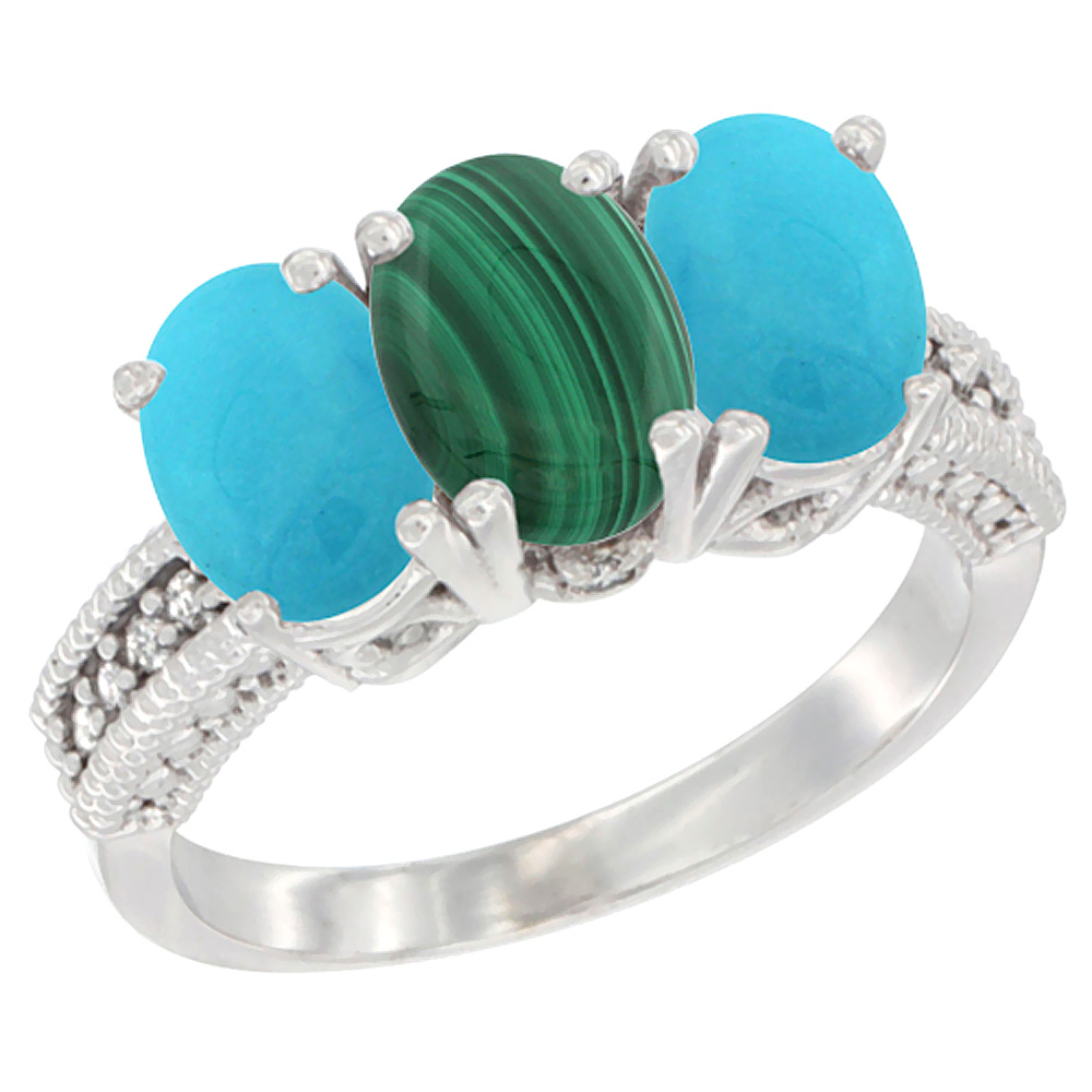 14K White Gold Natural Malachite &amp; Turquoise Sides Ring 3-Stone 7x5 mm Oval Diamond Accent, sizes 5 - 10