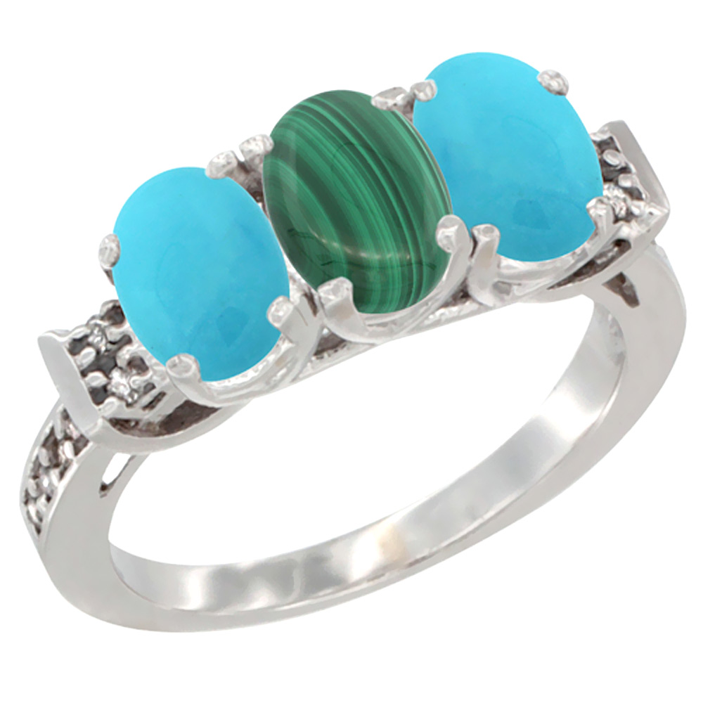 14K White Gold Natural Malachite &amp; Turquoise Sides Ring 3-Stone Oval 7x5 mm Diamond Accent, sizes 5 - 10