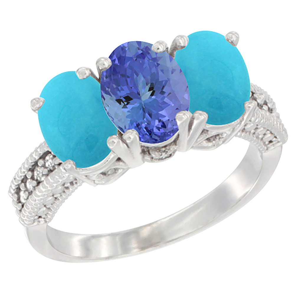 14K White Gold Natural Tanzanite &amp; Turquoise Sides Ring 3-Stone 7x5 mm Oval Diamond Accent, sizes 5 - 10