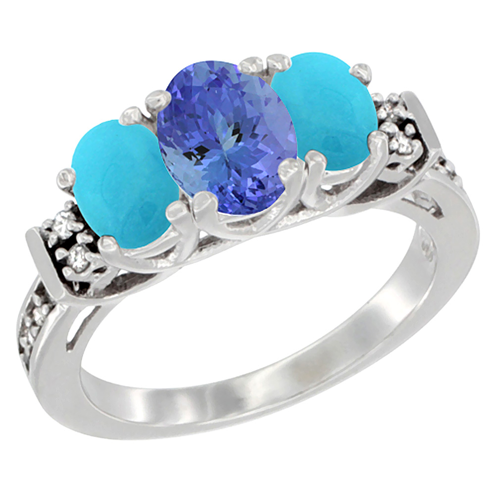 10K White Gold Natural Tanzanite & Turquoise Ring 3-Stone Oval Diamond Accent, sizes 5-10