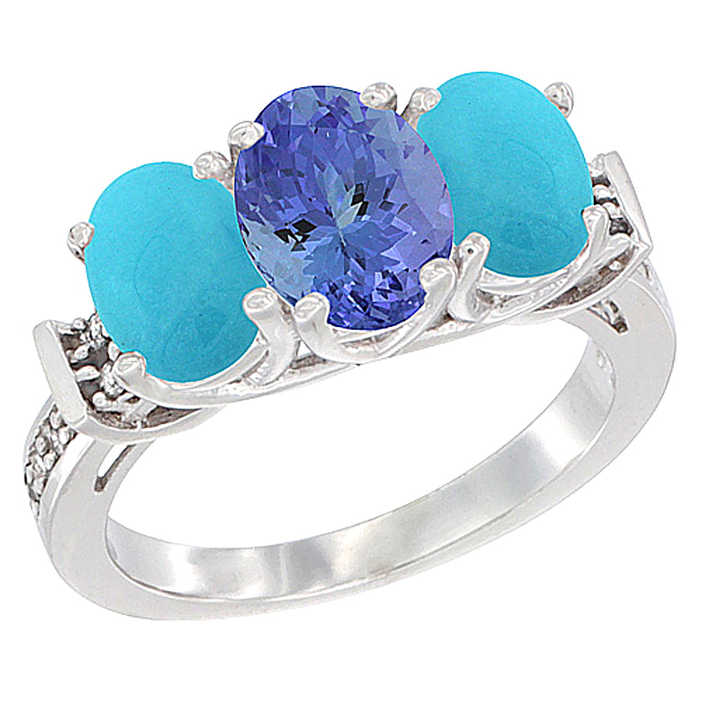 14K White Gold Natural Tanzanite &amp; Turquoise Sides Ring 3-Stone Oval Diamond Accent, sizes 5 - 10