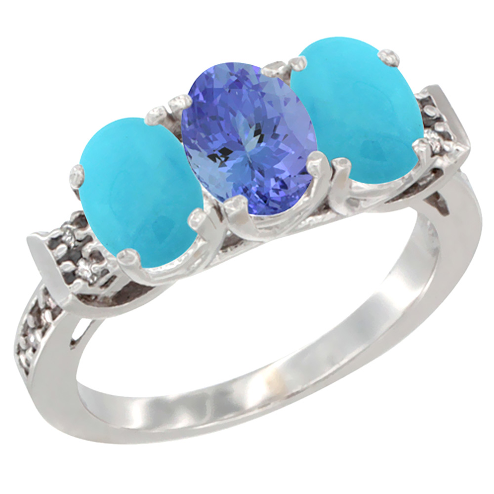 14K White Gold Natural Tanzanite & Turquoise Sides Ring 3-Stone Oval 7x5 mm Diamond Accent, sizes 5 - 10