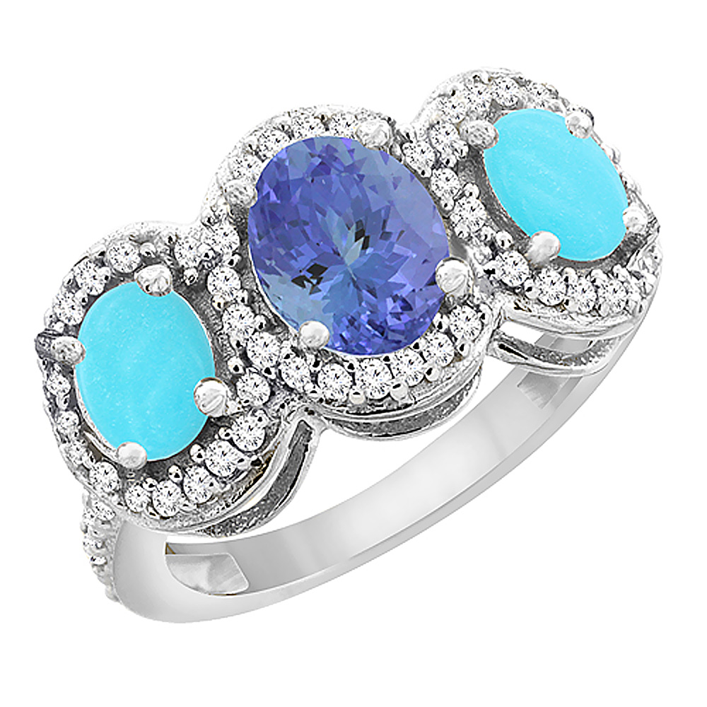 10K White Gold Natural Tanzanite &amp; Turquoise 3-Stone Ring Oval Diamond Accent, sizes 5 - 10
