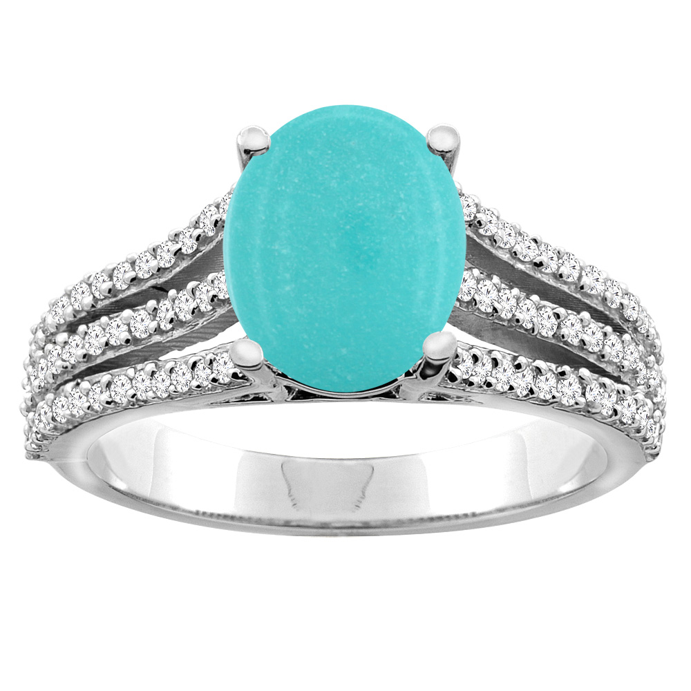 10K White/Yellow Gold Natural Turquoise Tri-split Ring Oval 9x7mm Diamond Accents, sizes 5 - 10