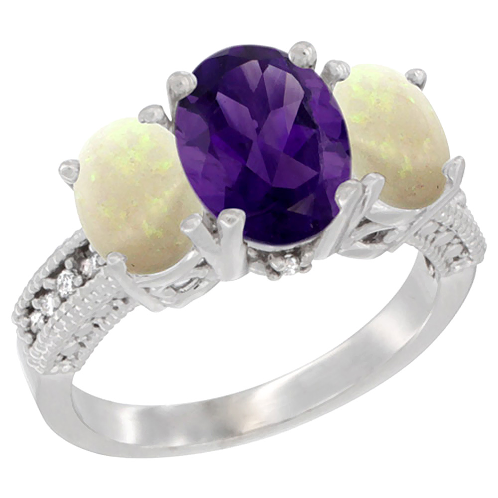 14K White Gold Diamond Natural Amethyst Ring 3-Stone Oval 8x6mm with Opal, sizes5-10