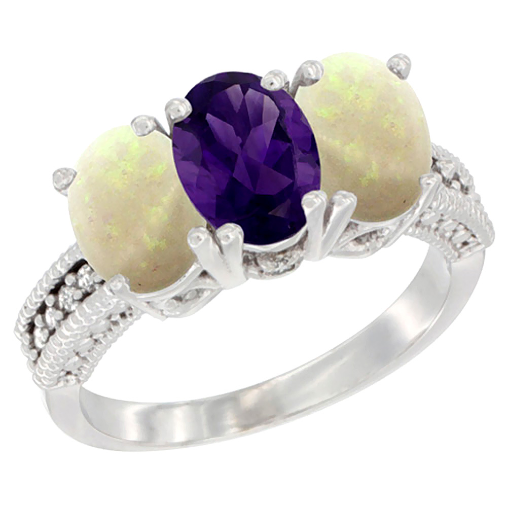 14K White Gold Natural Amethyst &amp; Opal Sides Ring 3-Stone 7x5 mm Oval Diamond Accent, sizes 5 - 10