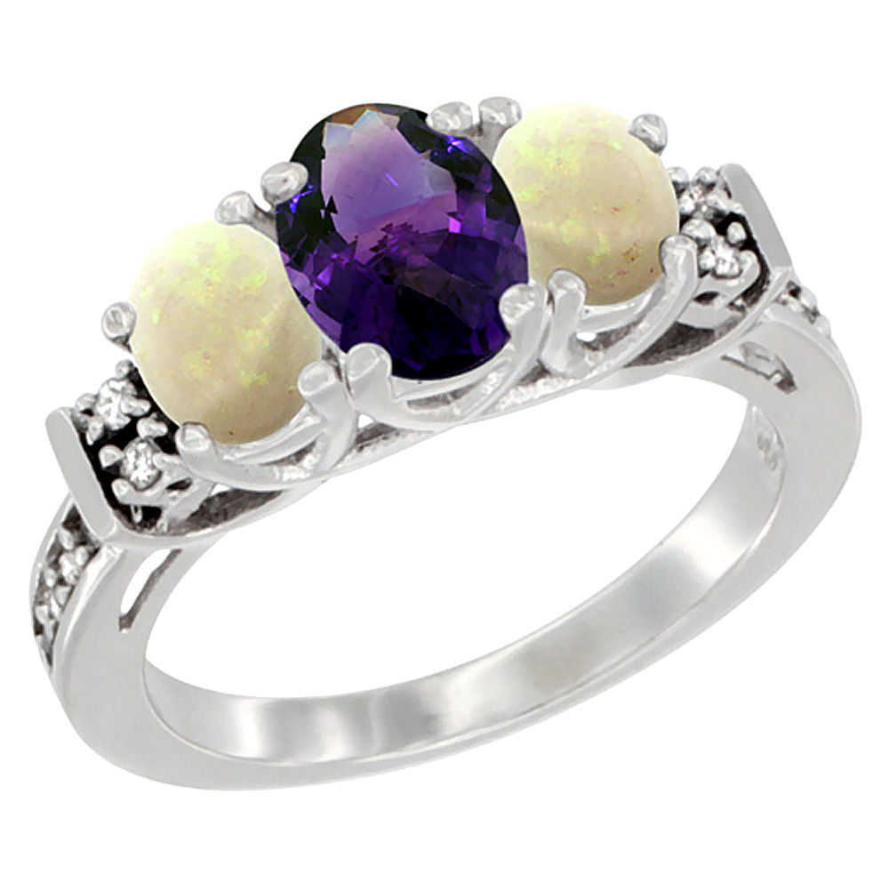 14K White Gold Natural Amethyst & Opal Ring 3-Stone Oval Diamond Accent, sizes 5-10