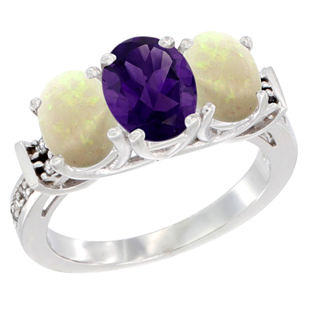 14K White Gold Natural Amethyst &amp; Opal Sides Ring 3-Stone Oval Diamond Accent, sizes 5 - 10