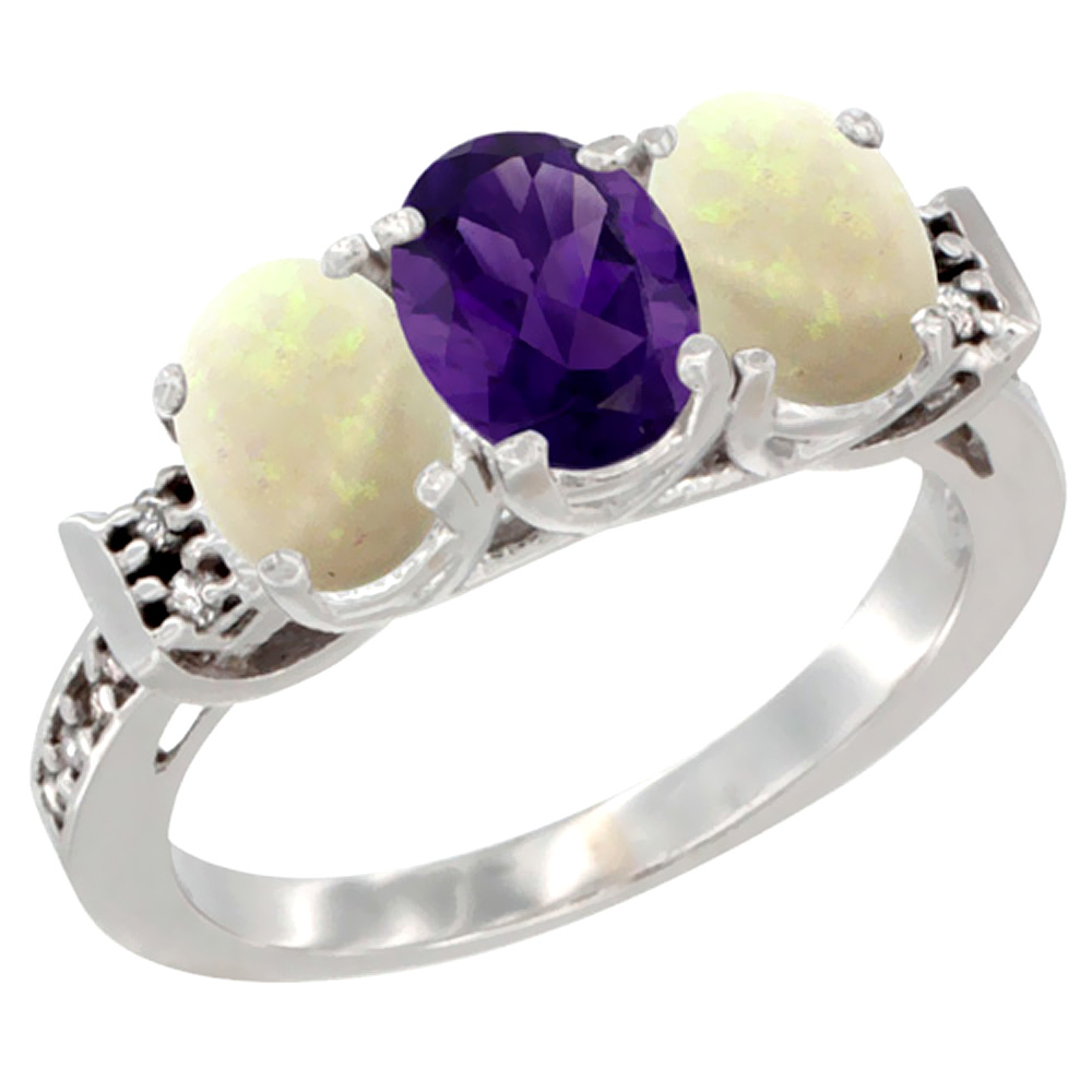 10K White Gold Natural Amethyst &amp; Opal Sides Ring 3-Stone Oval 7x5 mm Diamond Accent, sizes 5 - 10