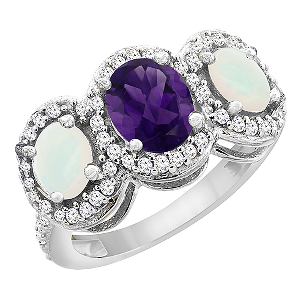 14K White Gold Natural Amethyst &amp; Opal 3-Stone Ring Oval Diamond Accent, sizes 5 - 10