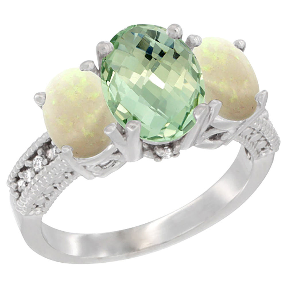 14K White Gold Diamond Natural Green Amethyst Ring 3-Stone Oval 8x6mm with Opal, sizes5-10