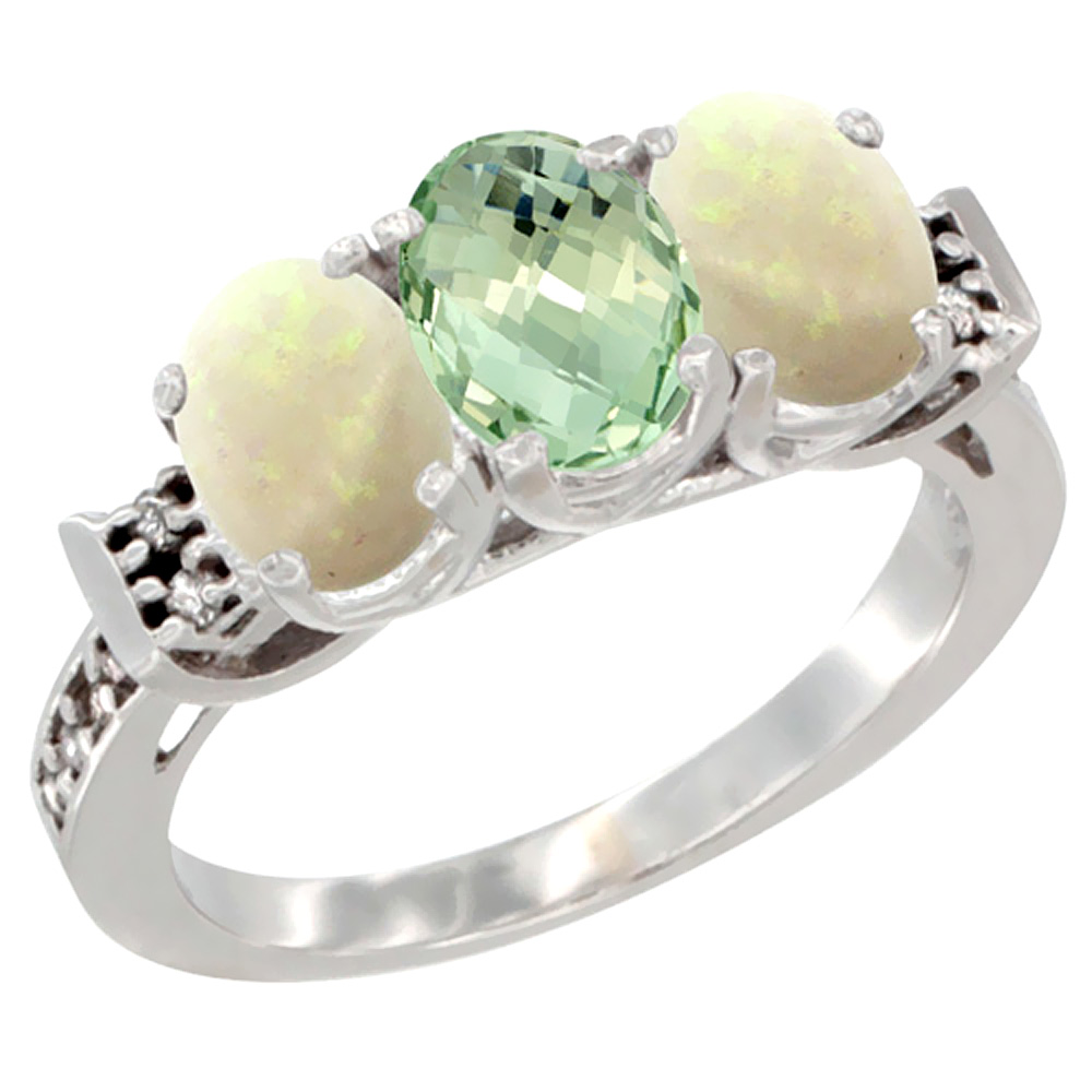 14K White Gold Natural Green Amethyst &amp; Opal Sides Ring 3-Stone Oval 7x5 mm Diamond Accent, sizes 5 - 10