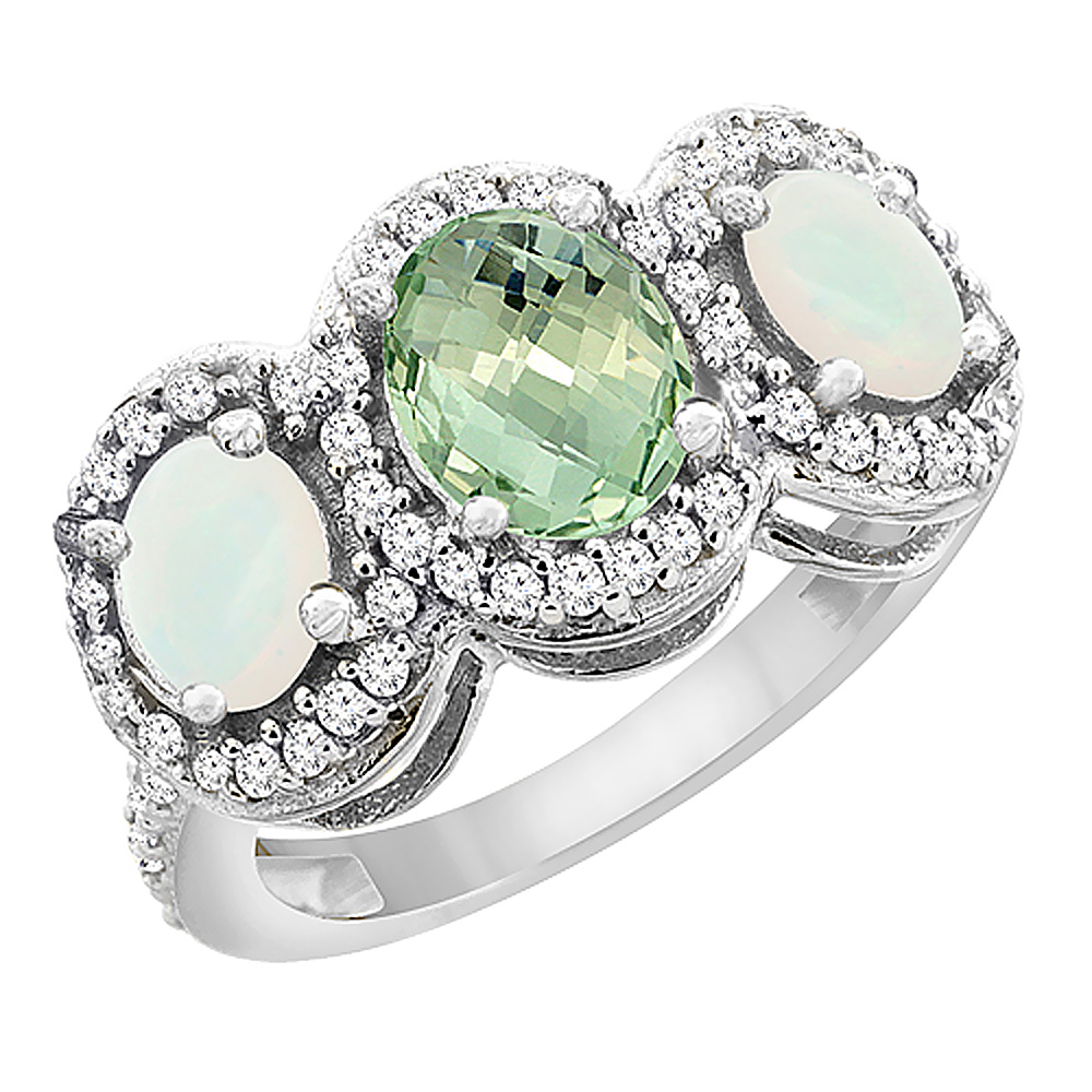 10K White Gold Natural Green Amethyst &amp; Opal 3-Stone Ring Oval Diamond Accent, sizes 5 - 10
