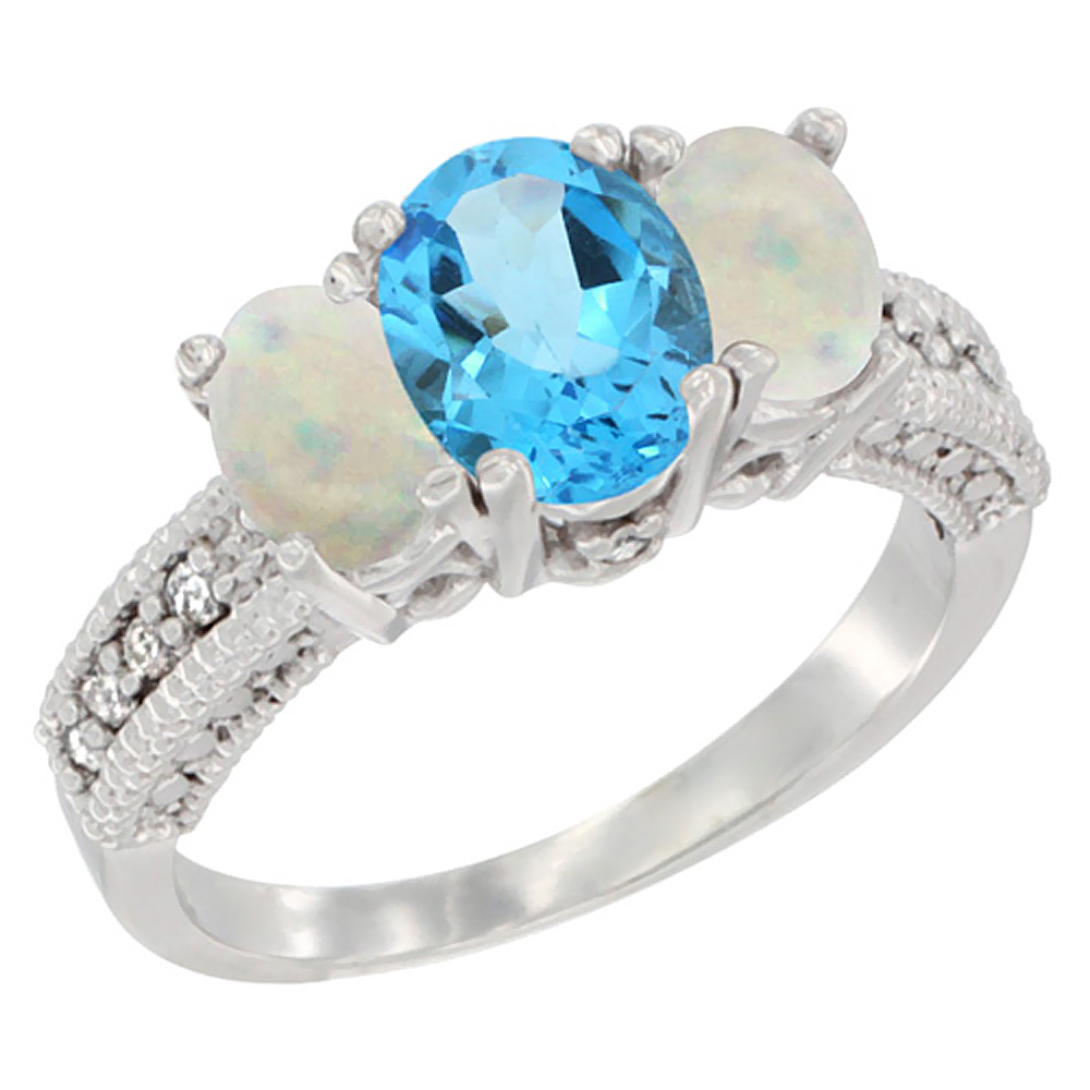 14K White Gold Diamond Natural Swiss Blue Topaz Ring Oval 3-stone with Opal, sizes 5 - 10
