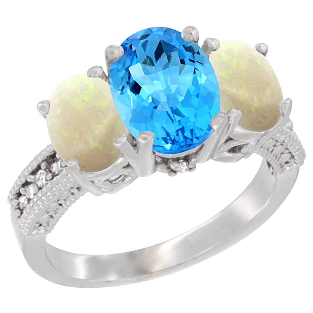 10K White Gold Diamond Natural Swiss Blue Topaz Ring 3-Stone Oval 8x6mm with Opal, sizes5-10