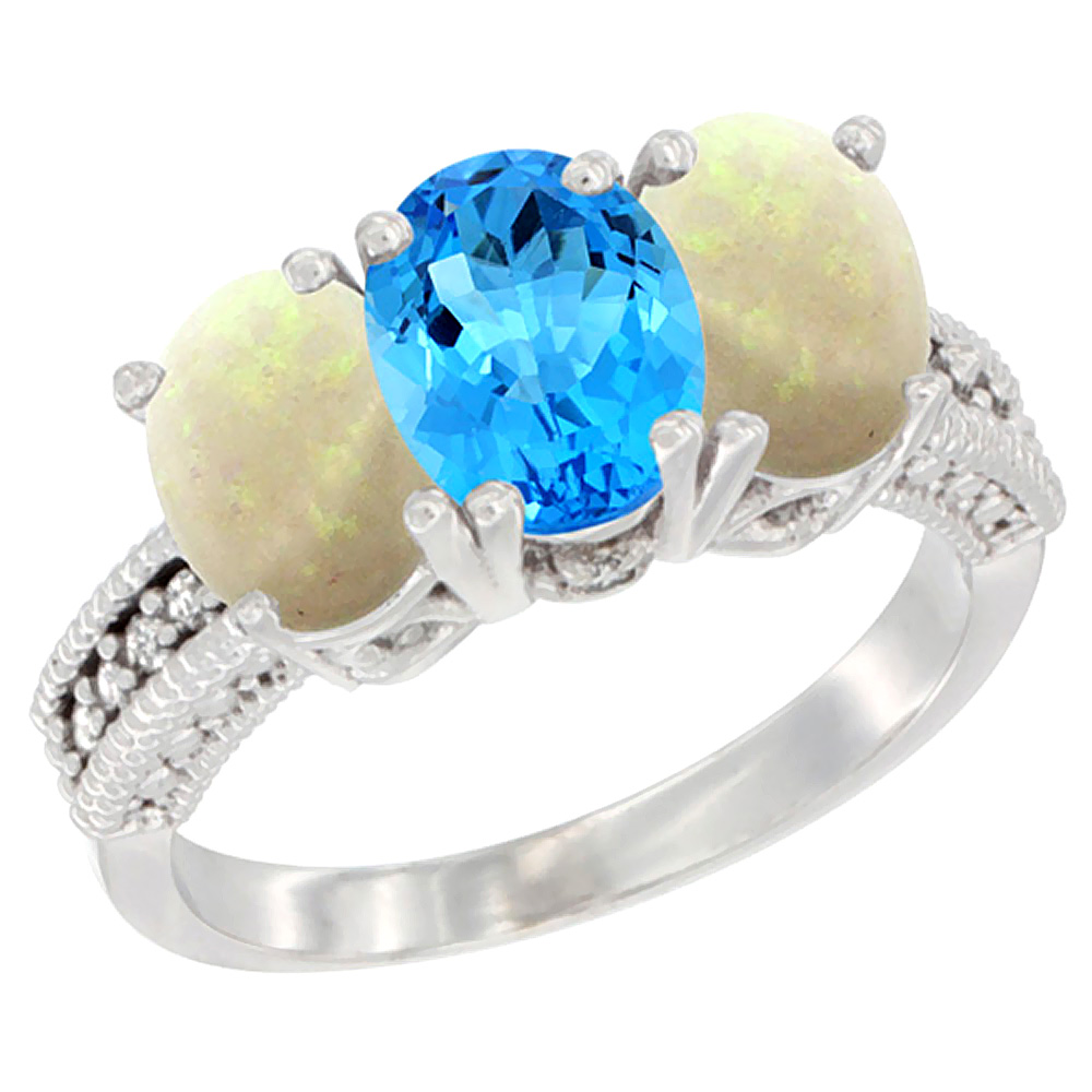 14K White Gold Natural Swiss Blue Topaz & Opal Sides Ring 3-Stone 7x5 mm Oval Diamond Accent, sizes 5 - 10