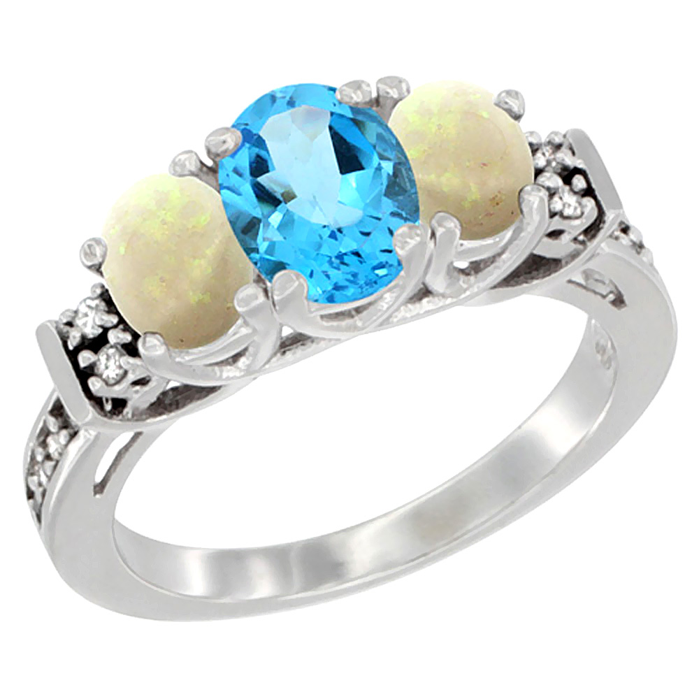 14K White Gold Natural Swiss Blue Topaz &amp; Opal Ring 3-Stone Oval Diamond Accent, sizes 5-10