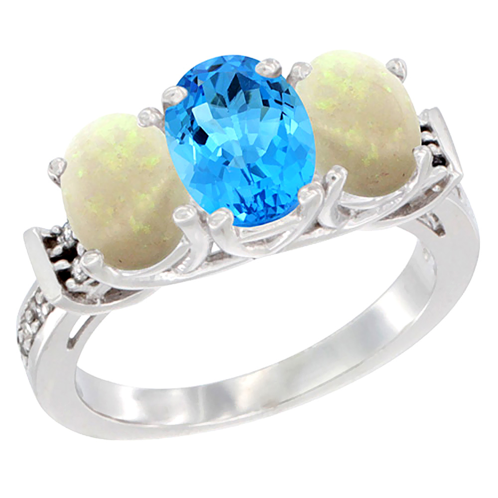 14K White Gold Natural Swiss Blue Topaz & Opal Sides Ring 3-Stone Oval Diamond Accent, sizes 5 - 10