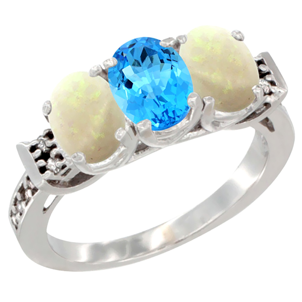 10K White Gold Natural Swiss Blue Topaz &amp; Opal Sides Ring 3-Stone Oval 7x5 mm Diamond Accent, sizes 5 - 10