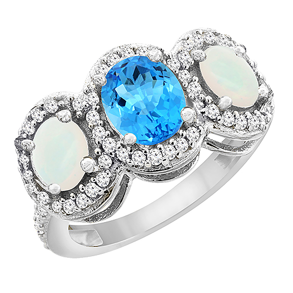 14K White Gold Natural Swiss Blue Topaz &amp; Opal 3-Stone Ring Oval Diamond Accent, sizes 5 - 10
