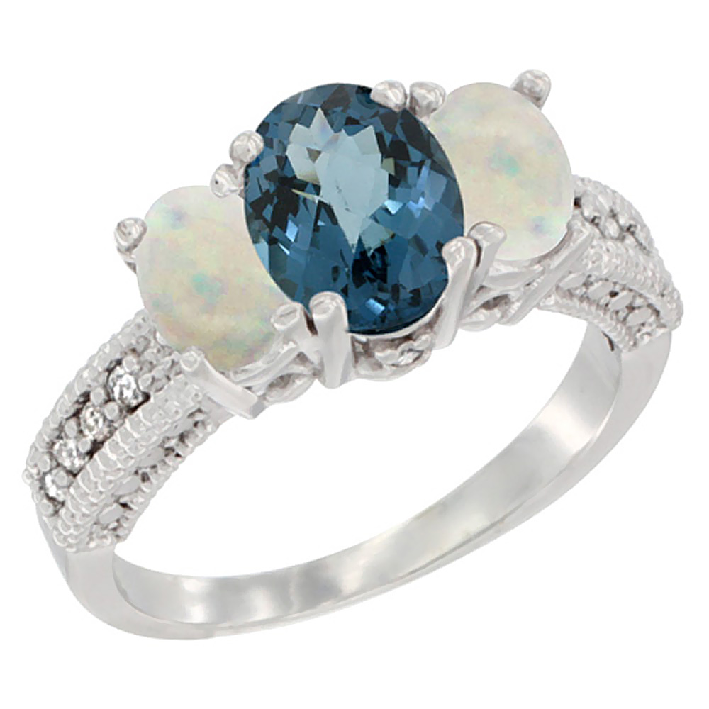 14K White Gold Diamond Natural London Blue Topaz Ring Oval 3-stone with Opal, sizes 5 - 10