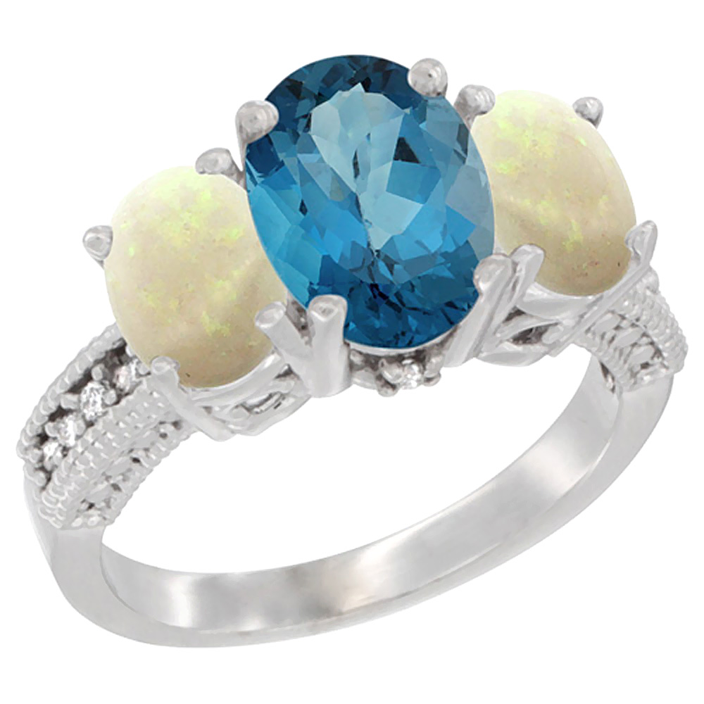 14K White Gold Diamond Natural London Blue Topaz Ring 3-Stone Oval 8x6mm with Opal, sizes5-10